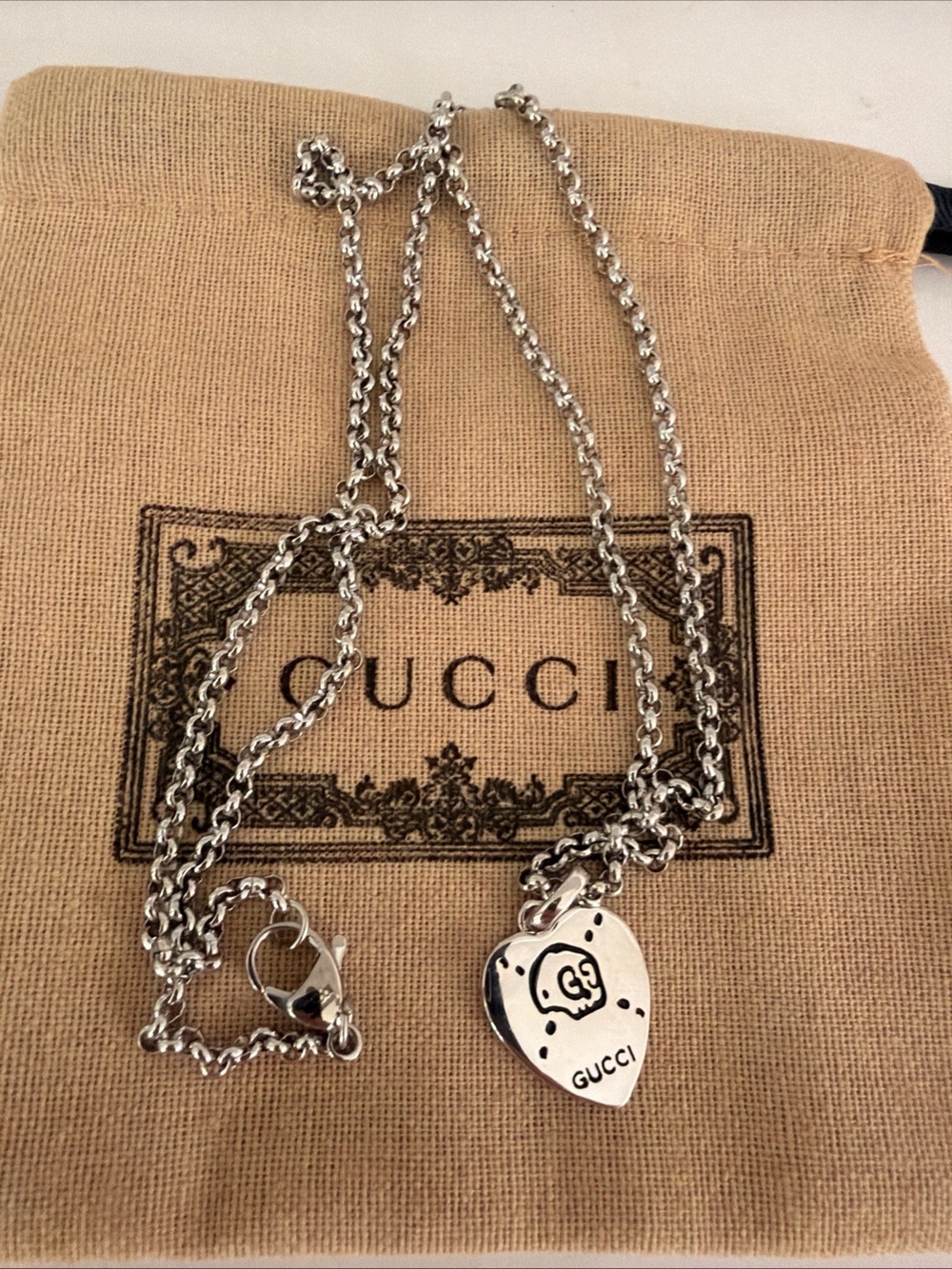 Gucci Silver Heart Charm Necklace with Engraved Logo